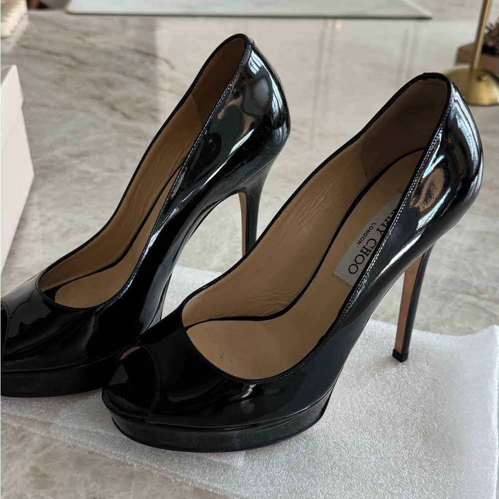 Jimmy Choo Glossy Black Peep Toe Heels